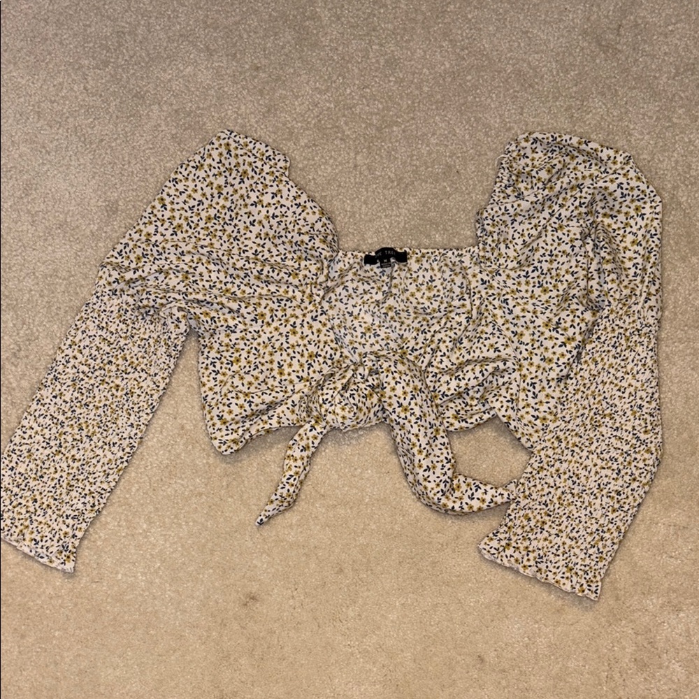 Love Tree 3/4 Sleeve Tie Front Cropped Blouse